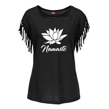 2021 Новая женская футболка с принтом NAMASTE, повседневная футболка с коротким рукавом и круглым вырезом, хипстерская забавная футболка для девочек, хлопковые футболки с кисточками