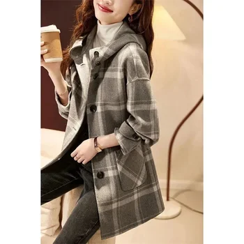 2023 Весна-осень, новая женская мода Корейской версии Со стройным и универсальным темпераментом, Шерстяное пальто с контрастной вставкой в клетку
