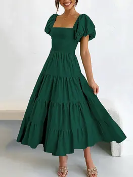 2023 Летнее длинное платье Макси, женское платье с пышными рукавами и открытой спиной, элегантные вечерние платья с квадратным вырезом для женщин