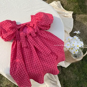 2023 Летнее Новое Розово-клетчатое платье с бантом, элегантное детское платье миди для больших девочек, детские платья для подростков, праздничный сарафан принцессы