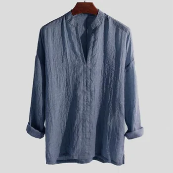 2023 Летняя Новая мужская однотонная Свободная рубашка с V-образным вырезом, пуловеры с длинным рукавом, топы, Винтажная хлопковая мужская блузка в стиле бохо