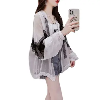 2023 Новая летняя модная солнцезащитная одежда Женская Корейская кружевная прострочка с капюшоном, Тонкая Свободная Повседневная женская куртка