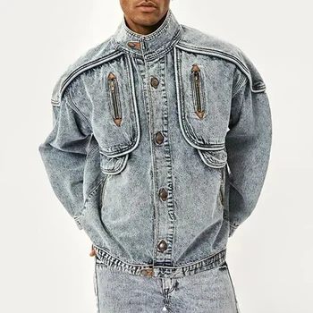 2023 Осенне-зимние винтажные джинсовые куртки, мужские однотонные повседневные джинсовые пальто, Модная верхняя одежда для мотобайкеров High Street Tide с воротником-стойкой