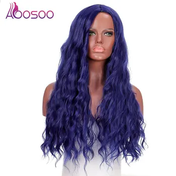AOOSOO Длинный синий парик из синтетических волос, черная женская натуральная волнистая форма, парик из высокотемпературного волокна, парик для косплея, ежедневный парик для вечеринки