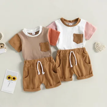 FOCUSNORM 2 шт., комплекты одежды для маленьких мальчиков от 0 до 3 лет, цветные лоскутные футболки с коротким рукавом и карманом, Топы + шорты, комплект