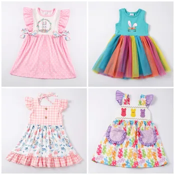 Girlymax Пасхальное весеннее платье-пачка в клетку с кроликом для маленьких девочек, одежда в полоску, бутик одежды длиной до колен