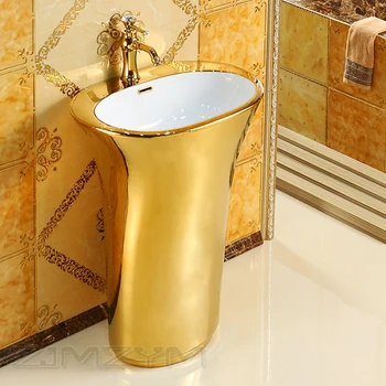 Luksusowa ceramiczna umywalka stojąca w stylu europejskim 825*590mm zintegrowana umywalka hotelowa złota kolumpodłogowego