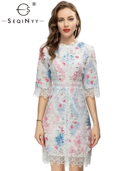 SEQINYY Тонкое мини-платье Лето Весна Новый модный дизайн Женская взлетно-посадочная полоса Хай-стрит Винтажный цветочный принт Белое кружево выдалбливают