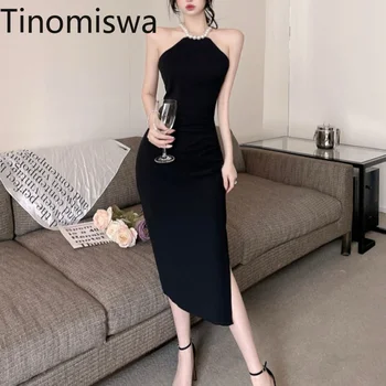 Tinomiswa, сексуальное женское платье на бретельках, расшитое бисером, с открытыми плечами, Тонкая талия, с разрезом, Однотонные Темпераментные платья Femme
