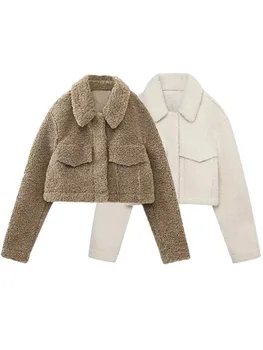 TRAF 2023, женская короткая куртка с кисточками, Модное винтажное однобортное пальто с длинным рукавом и карманом, Повседневные осенне-зимние теплые топы