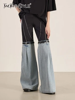 TWOTWINSTYLE, хитовые джинсовые широкие брюки в стиле пэчворк, женские брюки с высокой талией и разрезным поясом, Тонкие осенние уличные брюки для женщин