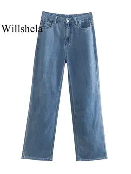 Willshela Женские модные джинсовые синие брюки на молнии спереди Винтажные женские шикарные женские широкие брюки Джинсы