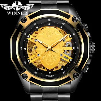 WINNER Автоматические механические мужские наручные часы Военные Армейские Спортивные Мужские часы Лучший бренд Класса Люкс Скелет Череп Мужские часы Подарок 8176
