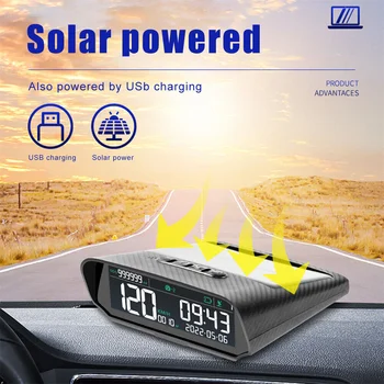 Автомобильный HUD GPS-дисплей на солнечной батарее, цифровые часы, спидометр, сигнализация о превышении скорости, предупреждение об усталости при вождении, индикация высоты, пробега