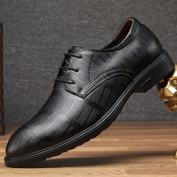 Брендовая мужская черная официальная обувь из натуральной кожи, деловые модельные туфли, нескользящая повседневная обувь на плоской подошве, дизайнерская мужская обувь