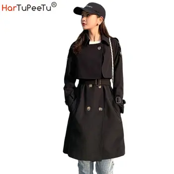 Весенне-осеннее платье-тренч для девочек, приталенный длинный жакет в корейском стиле с поясом, женская модная верхняя одежда цвета Хаки, черный 3xl