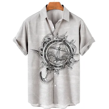 Винтажная рубашка, гавайская рубашка, новая мужская рубашка большого размера с коротким рукавом, пляжная повседневная рубашка, мужская рубашка с компасом