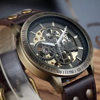 Винтажный корпус бронзового цвета, мужские механические часы с автоматическим заводом, стимпанк, Relogio, кожаные спортивные мужские наручные часы
