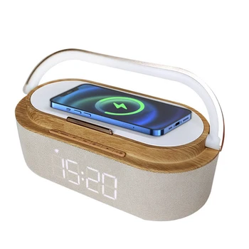 Динамик Bluetooth, Цифровой будильник с беспроводным зарядным устройством, FM-радио, ночник, Беспроводные колонки, Домашний цвет дерева
