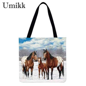 Женская повседневная сумка-тоут с рисунком лошади, дорожная льняная женская сумка для покупок большой емкости, изысканная сумка для покупок