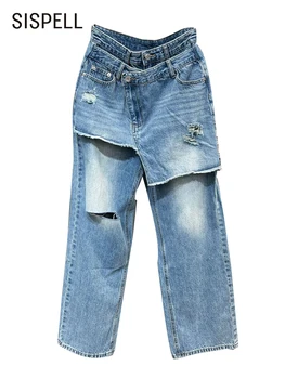 Женские джинсовые брюки с дырками SISPELL и карманами в стиле пэчворк, прямые джинсы с широкими штанинами, женская летняя модная одежда 2023 года