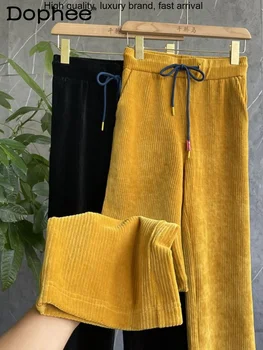 Женские панталоны из желтого синеля с широкими штанинами, осень-зима 2023, вельветовые брюки свободного кроя с высокой талией, свободные повседневные брюки оверсайз