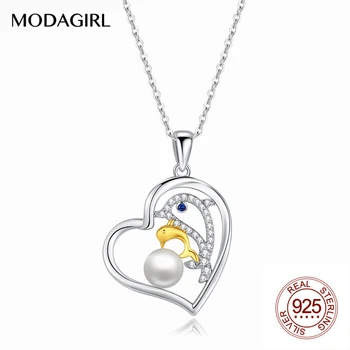 Женское ожерелье MODAGIRL из стерлингового серебра 925 пробы с цирконом и двойным дельфином в форме сердца с жемчугом в подарок на День матери