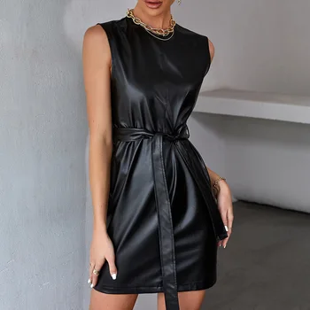 Женское платье из искусственной кожи, Черное Облегающее Женское мини-платье без рукавов с круглым вырезом и поясом, Летний модный Элегантный женский сарафан