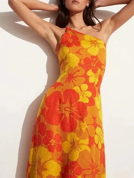 Женское платье Миди с двойным ремешком на одно плечо и открытой спиной Оранжевого цвета в стиле бохо без рукавов Vestidos 2023