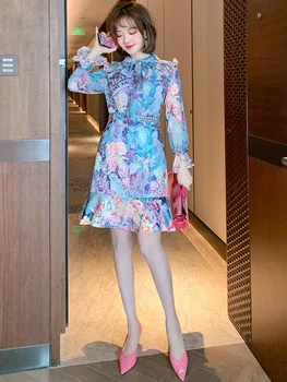 Женское платье с бантом, нанесенным китайской тушью, ушным краем, раструбом, манжетой и листом лотоса 2021 Весеннее новое высококачественное платье высшего качества