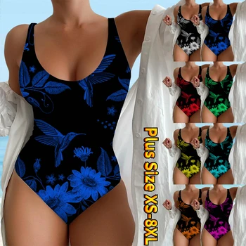 Женское цельное сексуальное бикини с открытой спиной, глубокий V-образный вырез, сексуальные купальники с принтом, пляжная одежда, спортивная одежда для бассейна XS-8XL