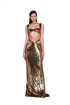 Золотое Сверкающее Блестками Женское Сексуальное Облегающее Длинное платье из 2 предметов Модное Коктейльное платье для вечеринки в ночном клубе Высокого качества