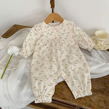 Комбинезон для новорожденных 0-24 м из хлопка с цветочным принтом и длинными рукавами для малышей, комбинезон для маленьких девочек, весенне-осенняя одежда для маленьких девочек