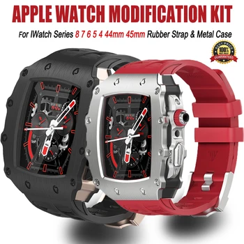 Комплект для модификации iWatch серии 8 7 6 5 4 45 мм 44 мм Ремешок из фторкаучука для Apple Watch, аксессуары для бренда и чехол Mod Kit