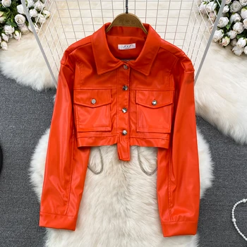 Корейская версия с лацканами, карман на длинном рукаве, мотоциклетный костюм Sweet Cool Wind, куртка из искусственной кожи, короткая куртка в стиле модерн