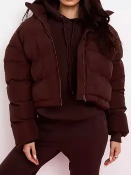 Коричневые куртки в стиле бохо для женщин, укороченная куртка с длинным рукавом и воротником-стойкой, шикарное пальто, женская зимняя куртка, новинка