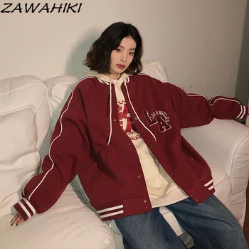 Красная бейсбольная куртка Harajuku, бейсбольные пальто в американском ретро стиле, женская весенне-осенняя куртка в стиле пэчворк, свободная уличная одежда, костюмы