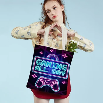 Красочная игровая приставка для геймеров с неоновыми огнями, сумка-тоут, холщовые женские сумки для покупок, модная сумка для покупок в супермаркете с двойным принтом