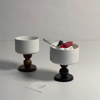 Креативная керамическая тарелка для закусок в стиле ретро на высоких ножках, Изящный чай, фрукты и блюдце, французская десертная миска, высокий деревянный бокал для вина