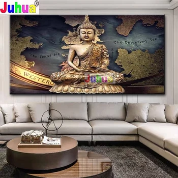 Крупногабаритная Карта мира Золотой Будда Алмазная Роспись Стежком Полная Алмазная Мозаика Буддийские картины с настроением для домашнего декора гостиной