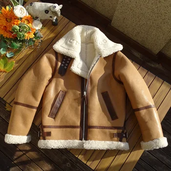 Куртка из овечьей шерсти авиатора B-6 с кожаной отделкой, приталенный крой, в стиле милитари, байкер, Теплая толстая зимняя одежда унисекс