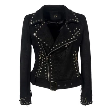 Куртка с лацканами, кожаная куртка на молнии, красивая замшевая куртка с шипами в стиле панк, женская мотоциклетная одежда, пальто и куртки, женские
