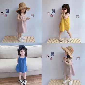 Летнее платье для маленьких девочек; однотонное хлопковое детское платье без рукавов; Детское платье-солнце; платье-слинг; Модное платье для девочек