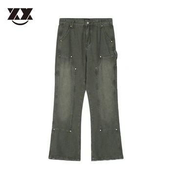 Мешковатые повседневные брюки-карго, мужские уличные ретро-пояса, карманы, Выстиранные джинсовые брюки, Прямые свободные брюки в стиле хип-хоп, размер Оверсайз
