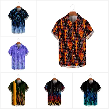 Модные повседневные рубашки с лацканами и пуговицами, мужская гавайская рубашка с принтом пламени, летний топ с коротким рукавом