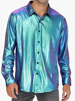 Мужская блестящая рубашка с длинными рукавами, лето 2023, новая мужская повседневная рубашка с длинными рукавами, праздничная повседневная рубашка