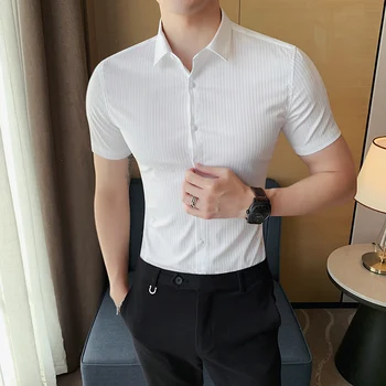 Мужская рубашка в полоску с коротким рукавом, Приталенный британский стиль, Черно-белая, Деловая Повседневная рубашка на лето, Camisa Masculina