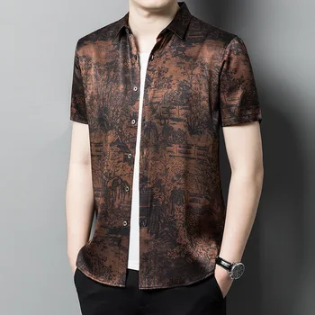 Мужская рубашка с коротким рукавом из 90% шелка тутового дерева, высококачественная мужская рубашка из шелка с принтом 