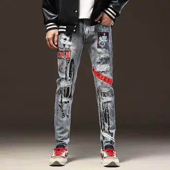 Мужские модные брендовые джинсы с дырками до колена, нашивка с вышивкой в виде цветка, граффити, прямая труба, тонкие цветные брюки с принтом.