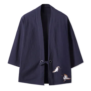 Мужской Тонкий кардиган с вышивкой, жакет, пальто, Кимоно, Летние Хлопчатобумажные льняные топы, Дышащая рубашка, Повседневная Солнцезащитная одежда, свободные пальто
